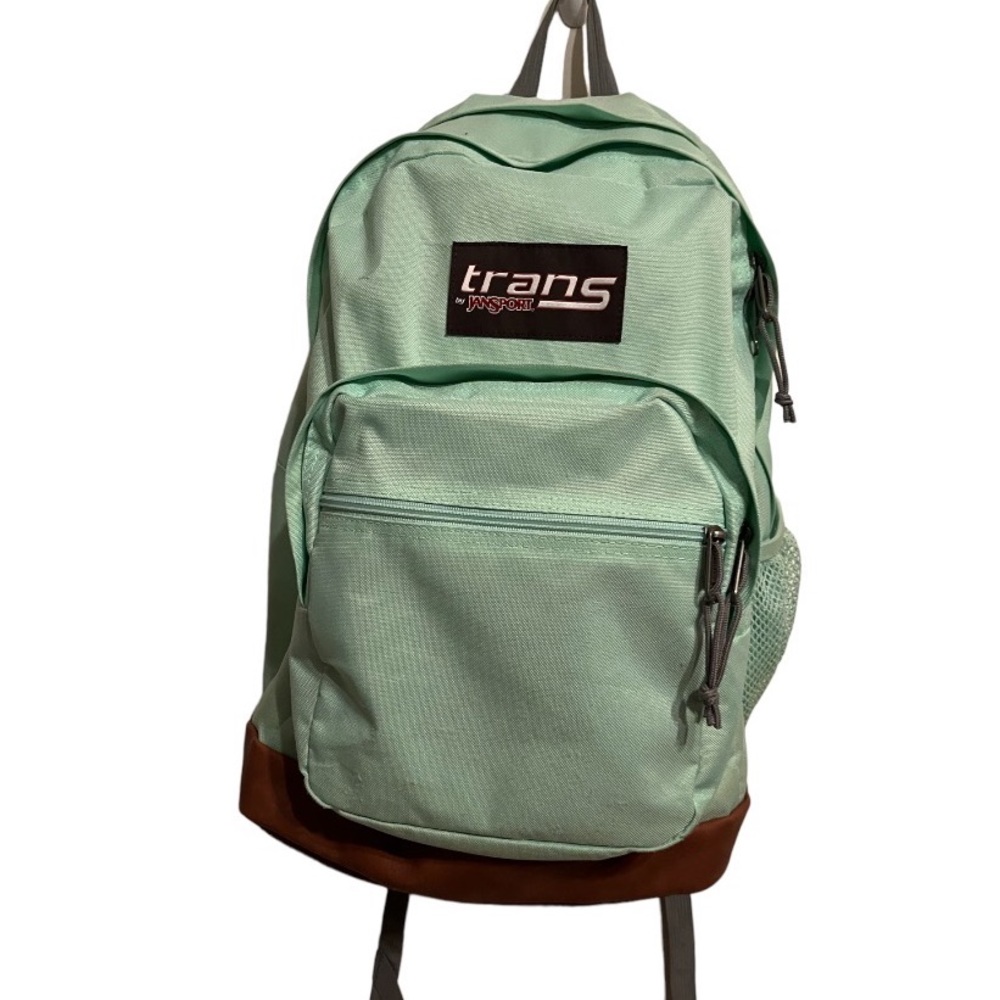 Jansport Super Cool Unisex Mint Green Gray And Brown Syn Leather Backpack 17”